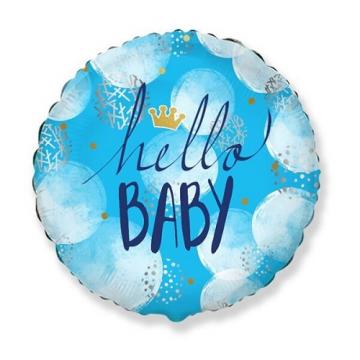 Фолиев балон кръгъл с надпис HELLO BABY в синьо