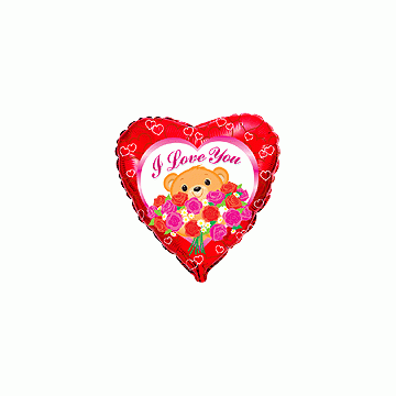 Балон фолио с формата на сърце червен с мече с букет и надпис " I love you "