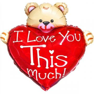 Балон фолио с формата на сърце мече червен с надпис I love you this much