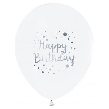 БАЛОН ЕВИ БЯЛ СЪС СРЕБЪРНА ЩАМПА HAPPY BIRTHDAY 30см.