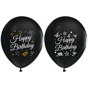 БАЛОН ЕВИ ЧЕРЕН СЪС СРЕБЪРНА ЩАМПА HAPPY BIRTHDAY КОНФЕТИ 30см.