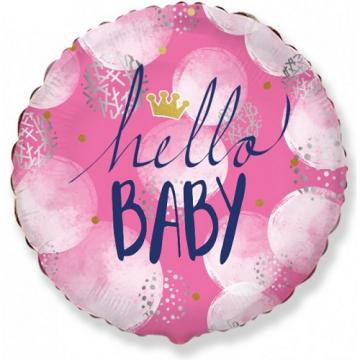 Фолиев балон кръгъл с надпис HELLO BABY в розово